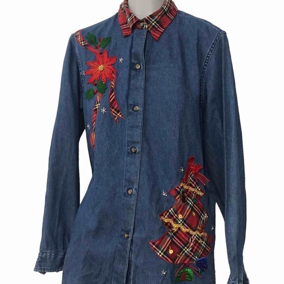 Vintage Christmas Shirt Blouse Denim tacky size small medium - Picture 1 of 14